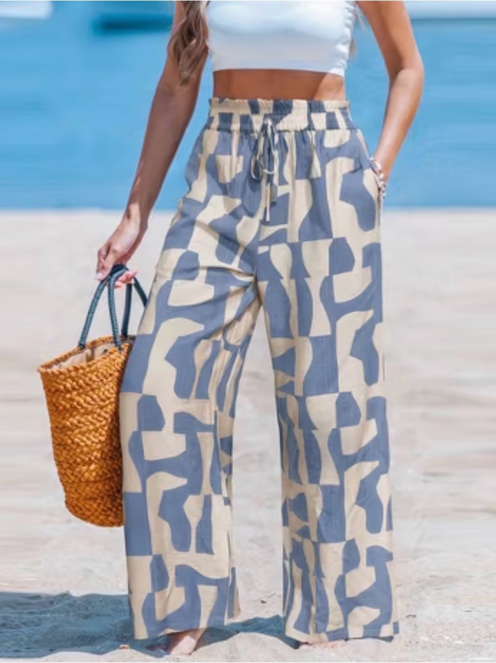 Cupshe Chic Abstract Print Wide Leg Pants with Drawstring